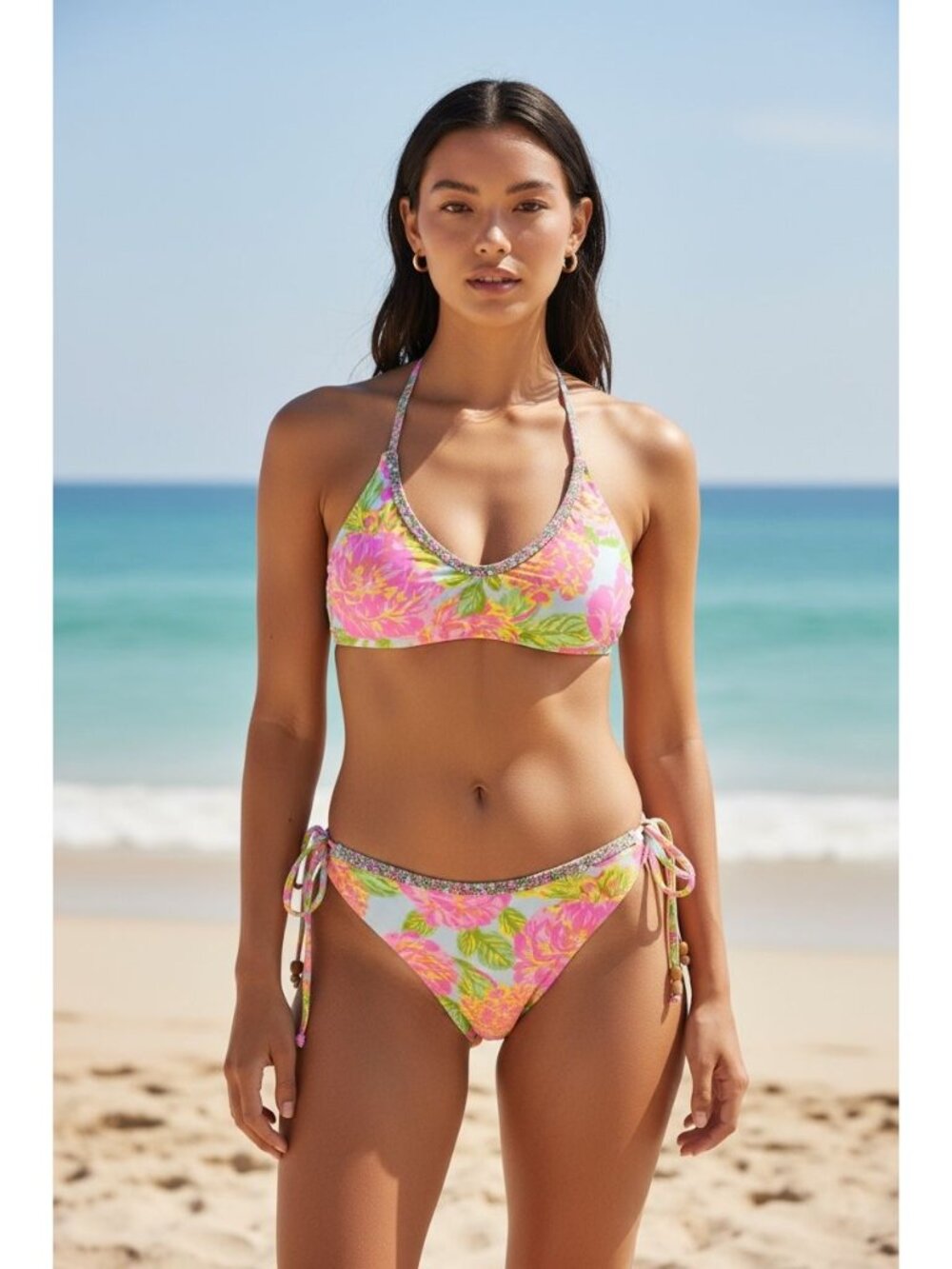 Maaji Women's Reversible Bikini Top With Floral Pink & Green Print Adjustable St